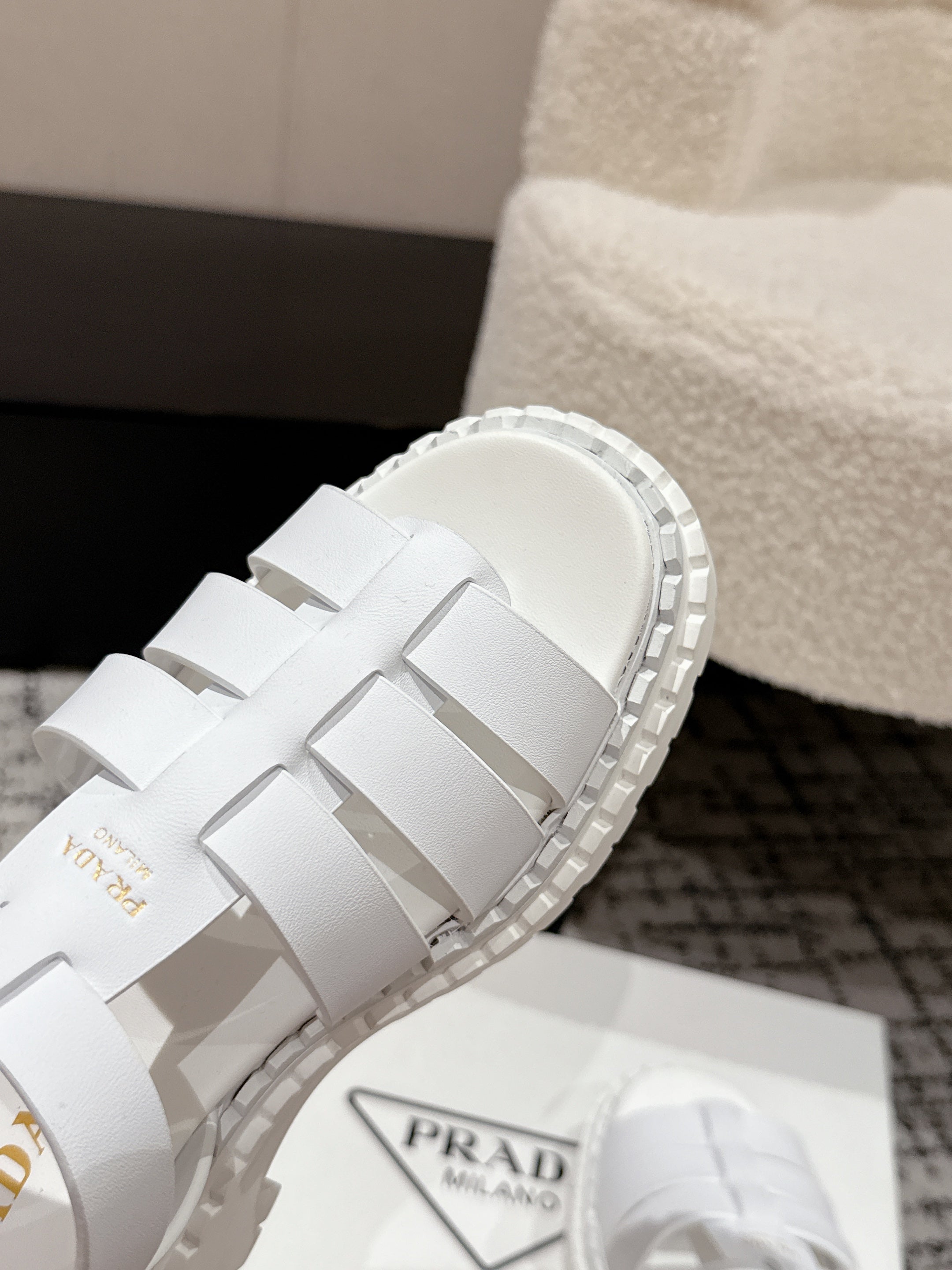 PRADA 25S FISHERMAN OPEN TOE SANDALS IN WHITE CALFSKIN