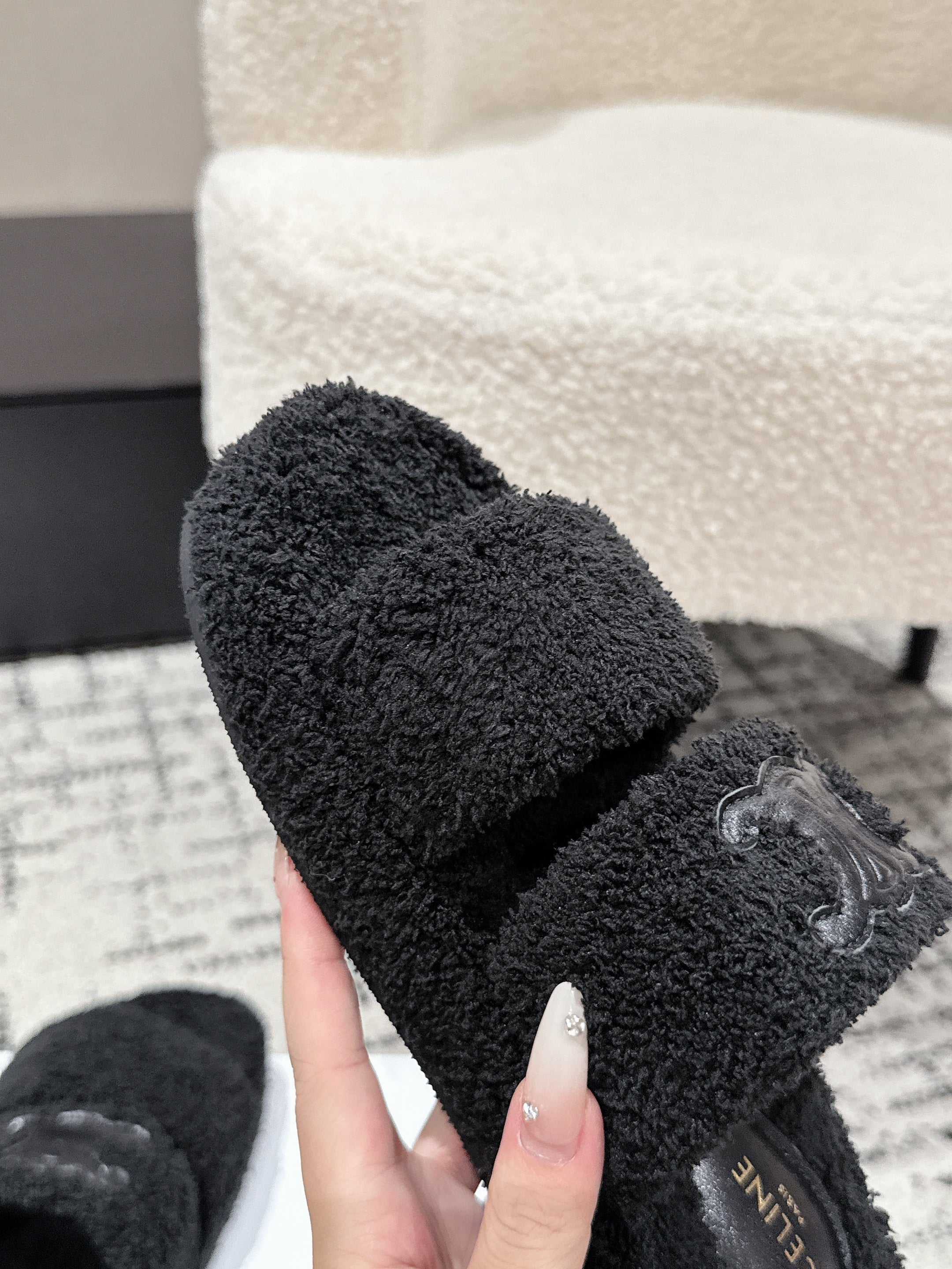 CELINE 25S SLIDES TRIOMPHE IN BLACK SPONGE FABRIC