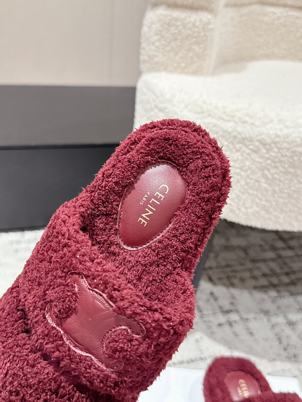 CELINE 25S SLIDES TRIOMPHE IN WINE RED SPONGE FABRIC