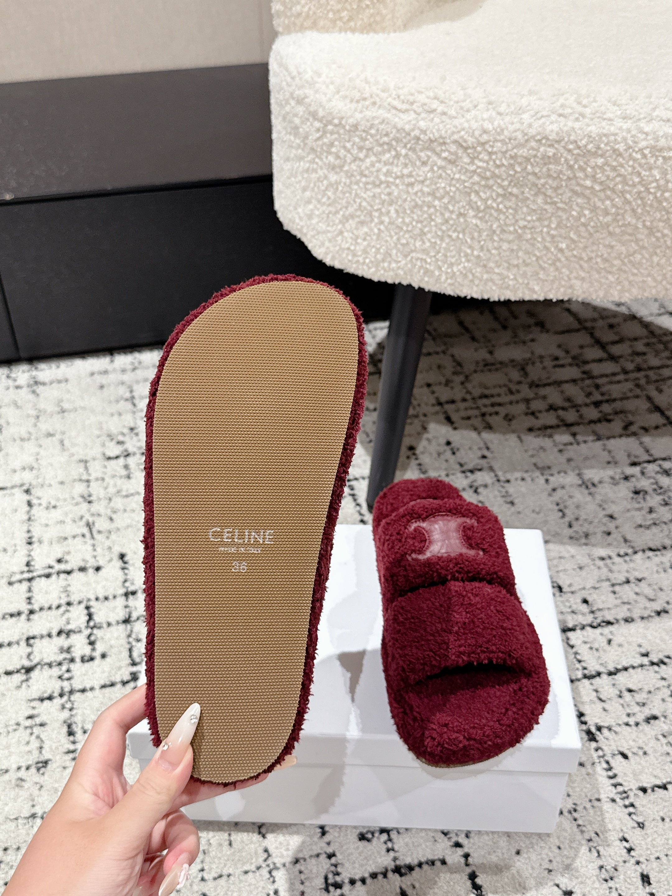 CELINE 25S SLIDES TRIOMPHE IN WINE RED SPONGE FABRIC
