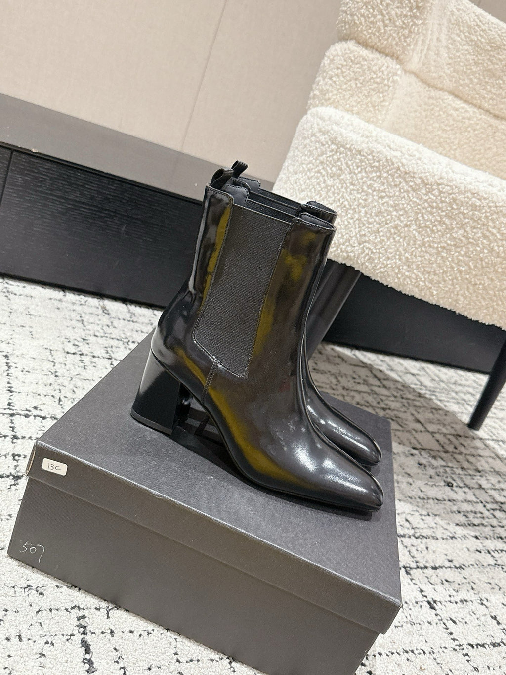 YSL 25S HEELED ANKLE BOOTS 70 MM IN BLACK SHINY LAMBSKIN