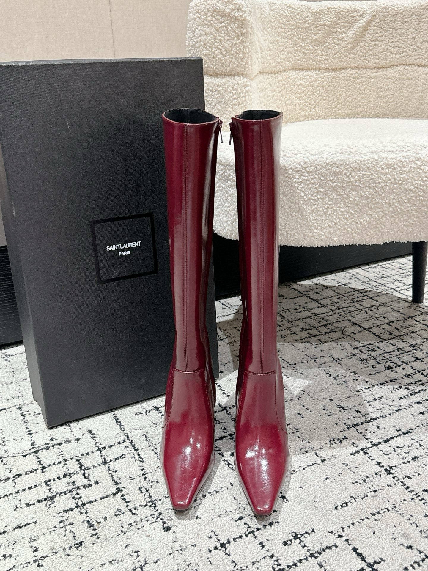 YSL 25S PLATFORM KNEE-HIGH BOOTS 70 MM IN WINE RED LAMBSKIN