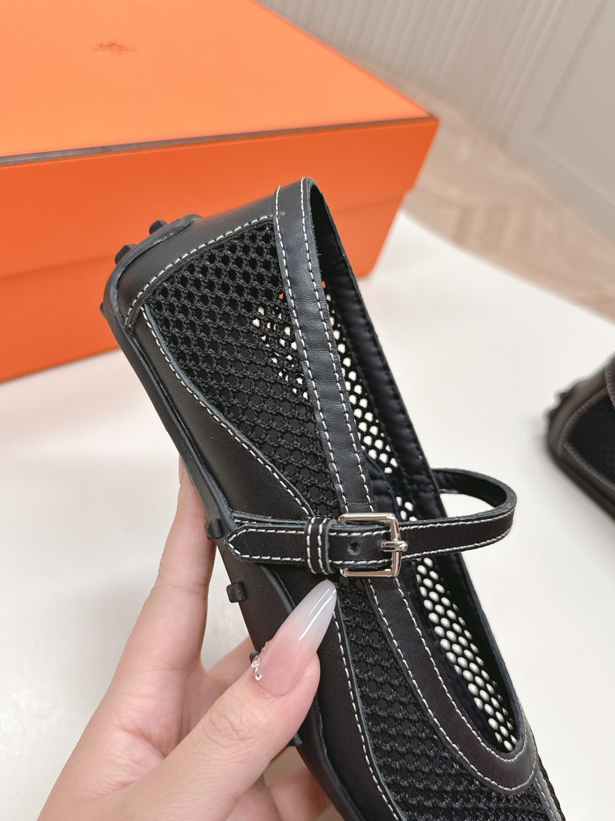 KICHU BALLET FLAT IN BLACK CROCHET KNIT AND CALFSKIN