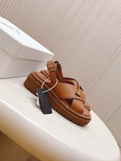 PRADA 25S SANDALS IN LIGHT TAN CALFSKIN LOGO GOLD HARDWARE