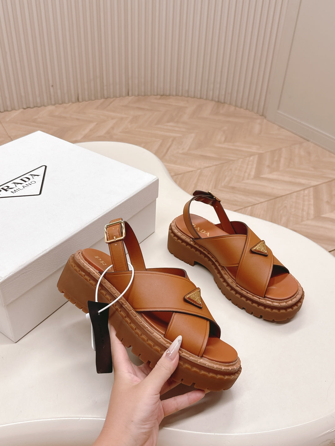 PRADA 25S SANDALS IN LIGHT TAN CALFSKIN LOGO GOLD HARDWARE