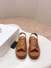 PRADA 25S SANDALS IN LIGHT TAN CALFSKIN LOGO GOLD HARDWARE