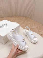 PRADA 25S SANDALS IN WHITE CALFSKIN LOGO GOLD HARDWARE