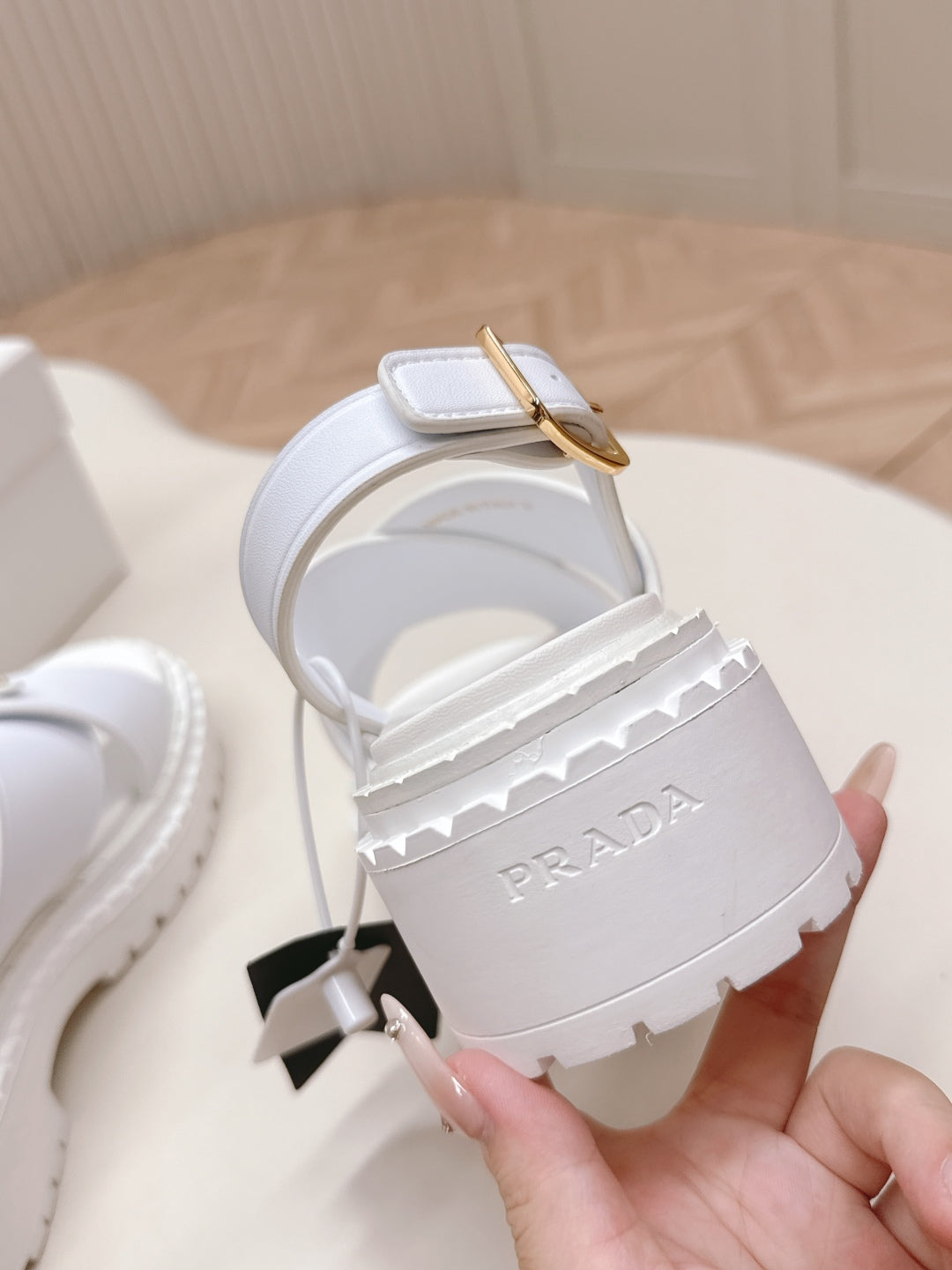 PRADA 25S SANDALS IN WHITE CALFSKIN LOGO GOLD HARDWARE