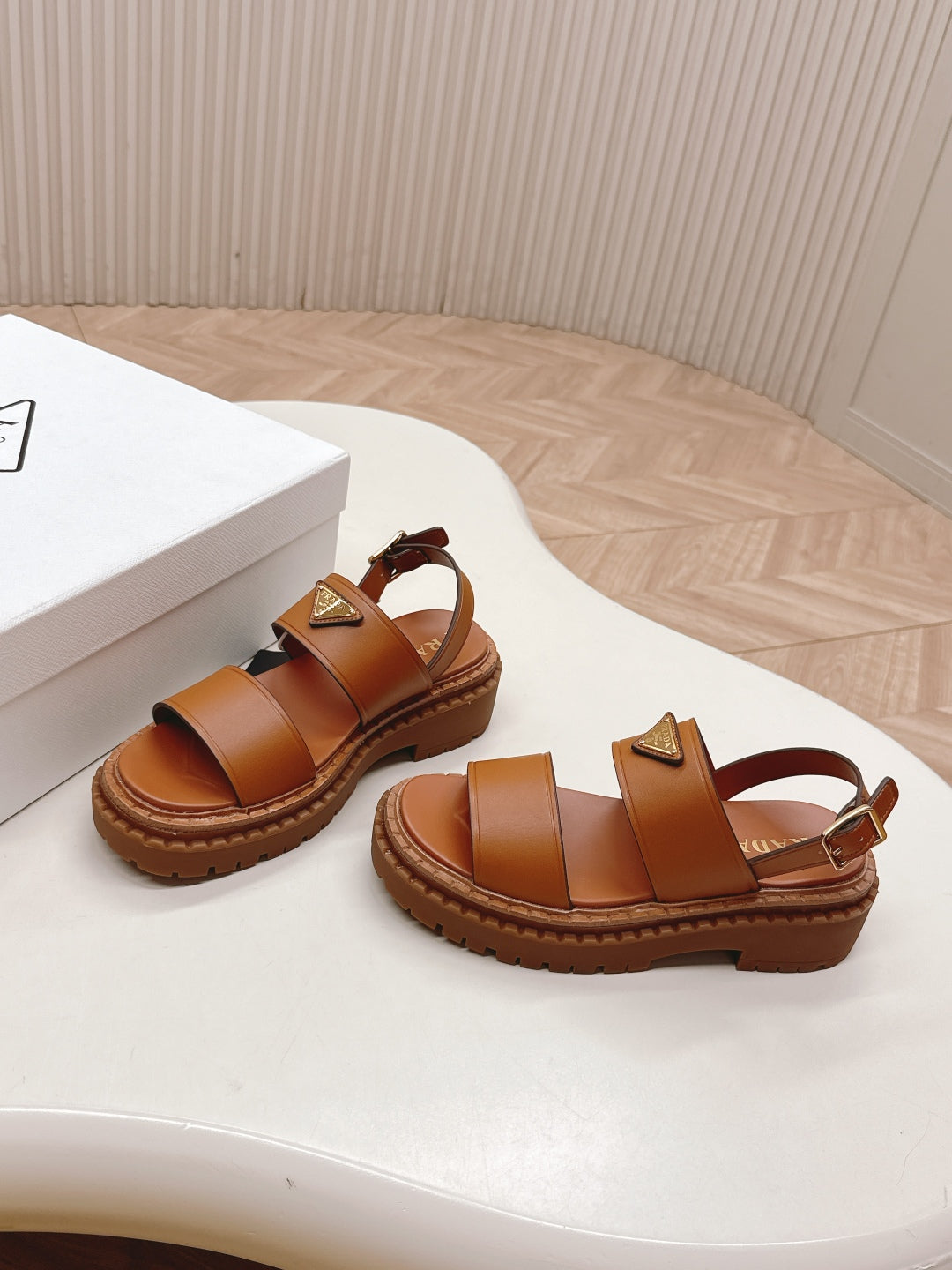 PRADA 25S SANDALS IN LIGHT TAN CALFSKIN LOGO