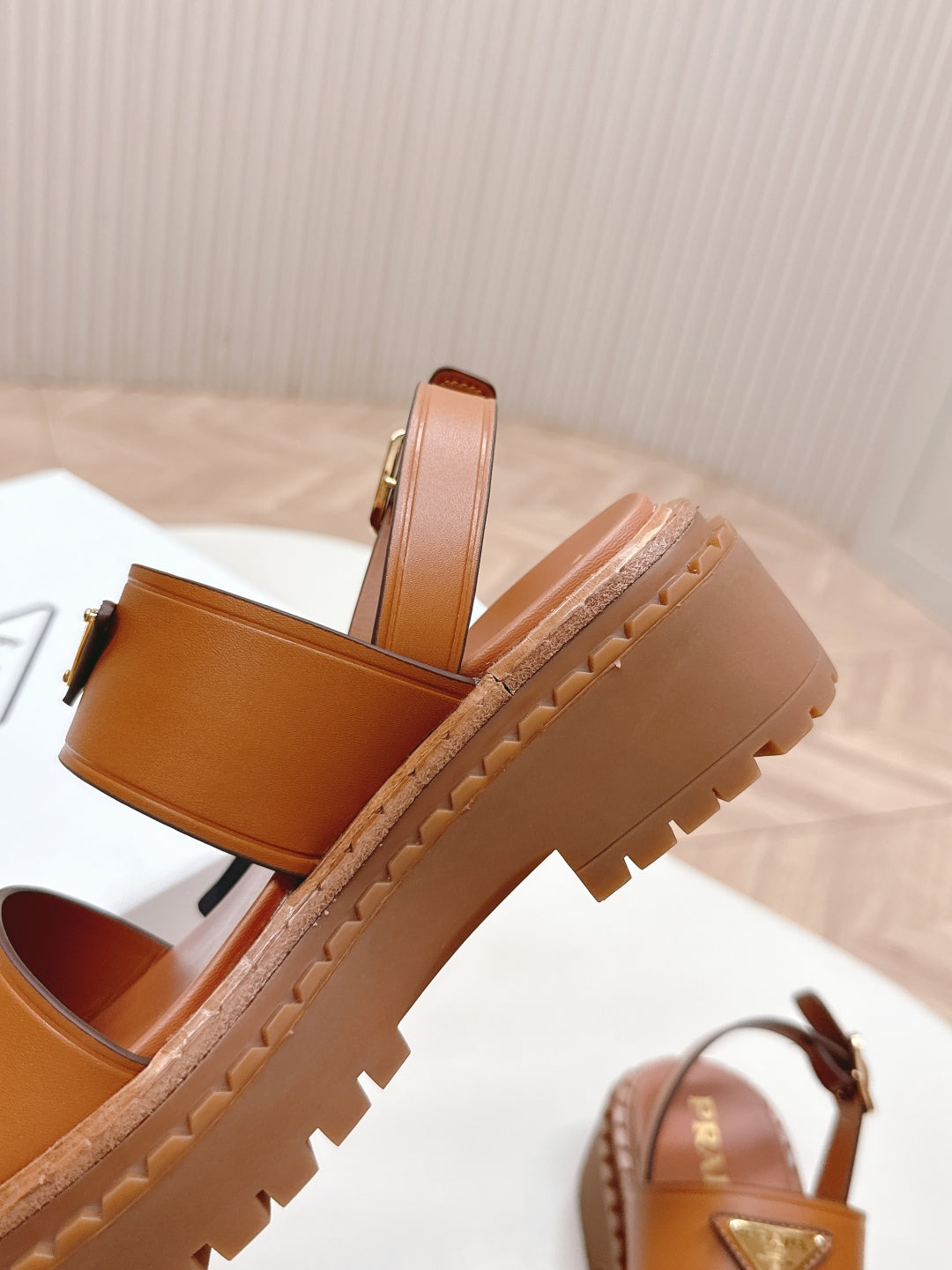 PRADA 25S SANDALS IN LIGHT TAN CALFSKIN LOGO