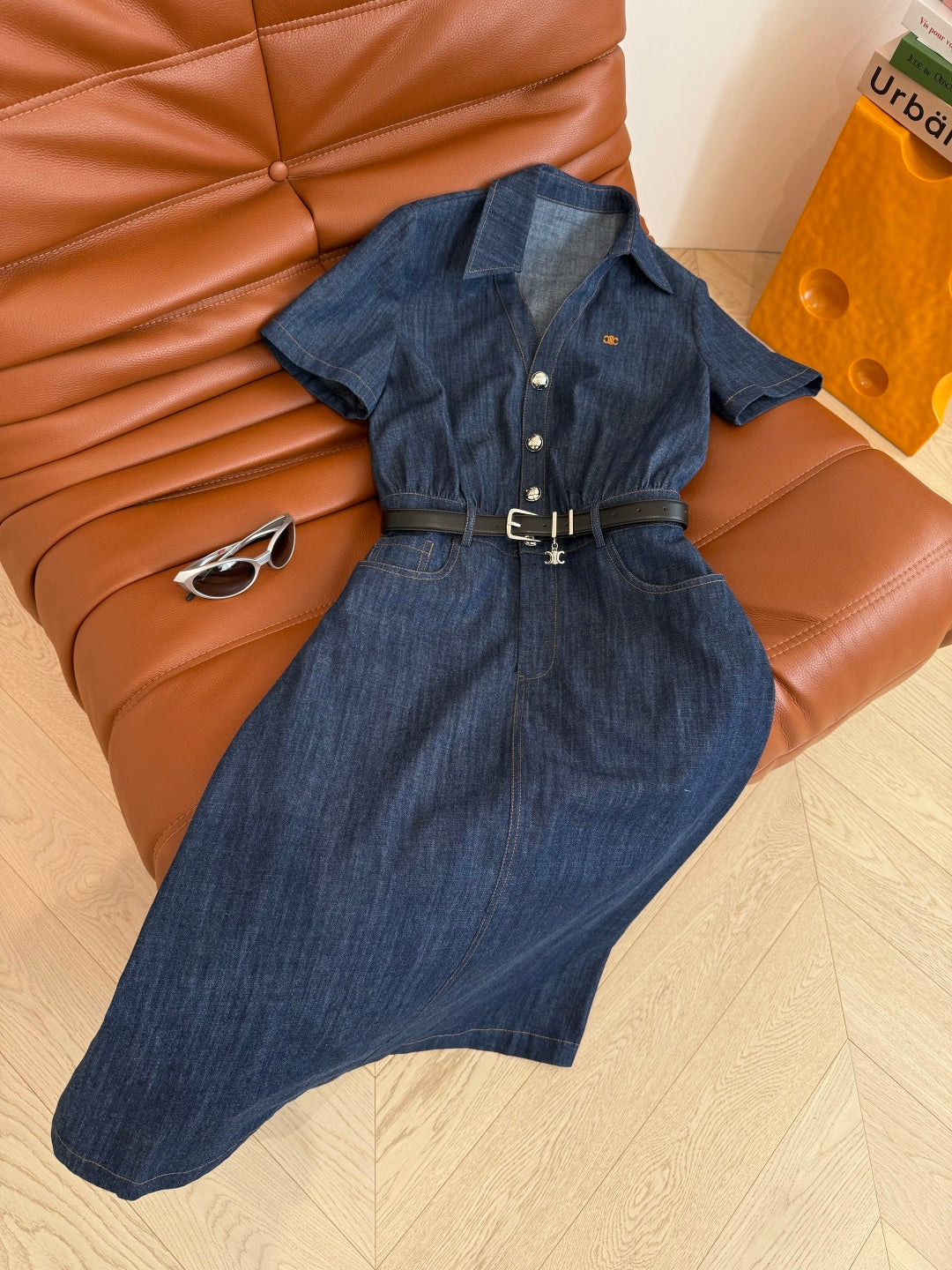 CELINE 25 ARC DE TRIOMPHE LOGO EMBROIDERED DENIM DRESS BLUE COTTON