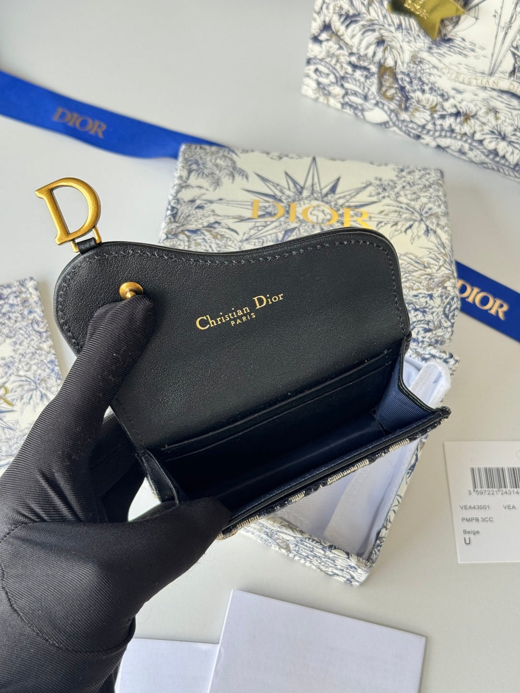 DIOR 25S SADDLE JASMINE GUSSET CARD HOLDER 10 IN BLUE BLACK OBLIQUE JACQUARD CANVAS AND CALFSKIN