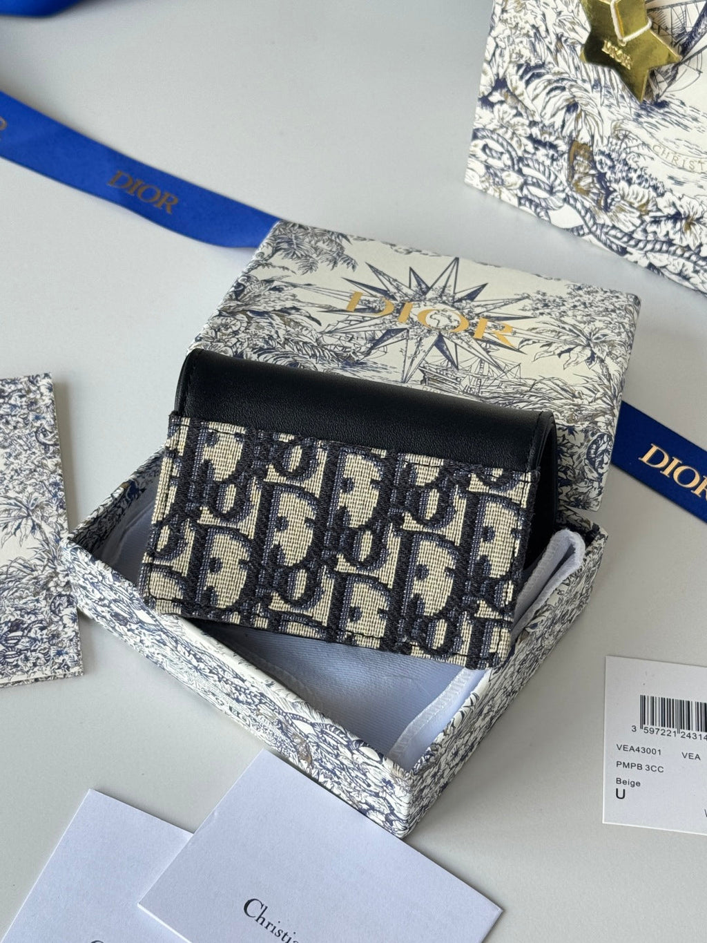 DIOR 25S SADDLE JASMINE GUSSET CARD HOLDER 10 IN BLUE BLACK OBLIQUE JACQUARD CANVAS AND CALFSKIN