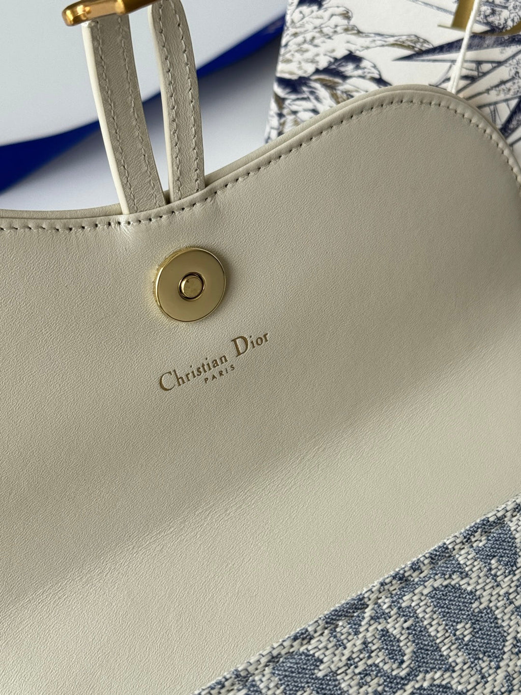 DIOR 25S MEDIUM SADDLE POUCH WITH CHAIN 21 IN LIGHT BLUE DIOR OBLIQUE JACQUARD CANVAS