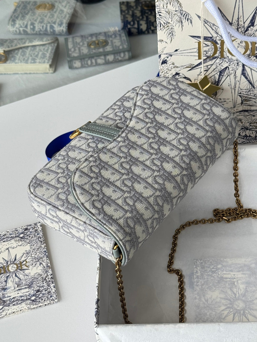 DIOR 25S MEDIUM SADDLE POUCH WITH CHAIN 21 IN GRAY DIOR OBLIQUE JACQUARD CANVAS