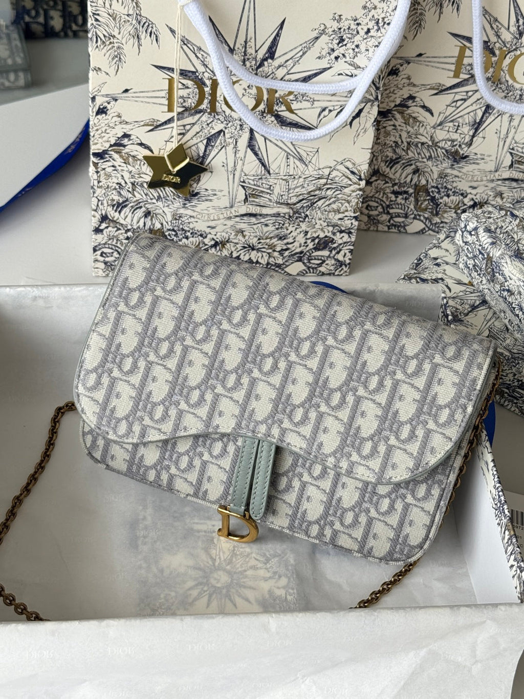 DIOR 25S MEDIUM SADDLE POUCH WITH CHAIN 21 IN GRAY DIOR OBLIQUE JACQUARD CANVAS