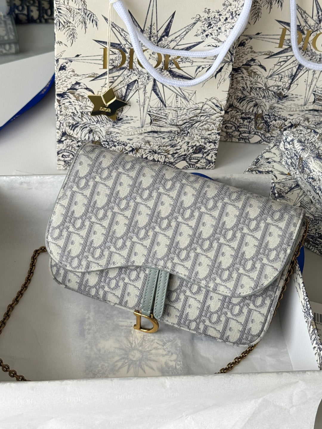 DIOR 25S MEDIUM SADDLE POUCH WITH CHAIN 21 IN GRAY DIOR OBLIQUE JACQUARD CANVAS