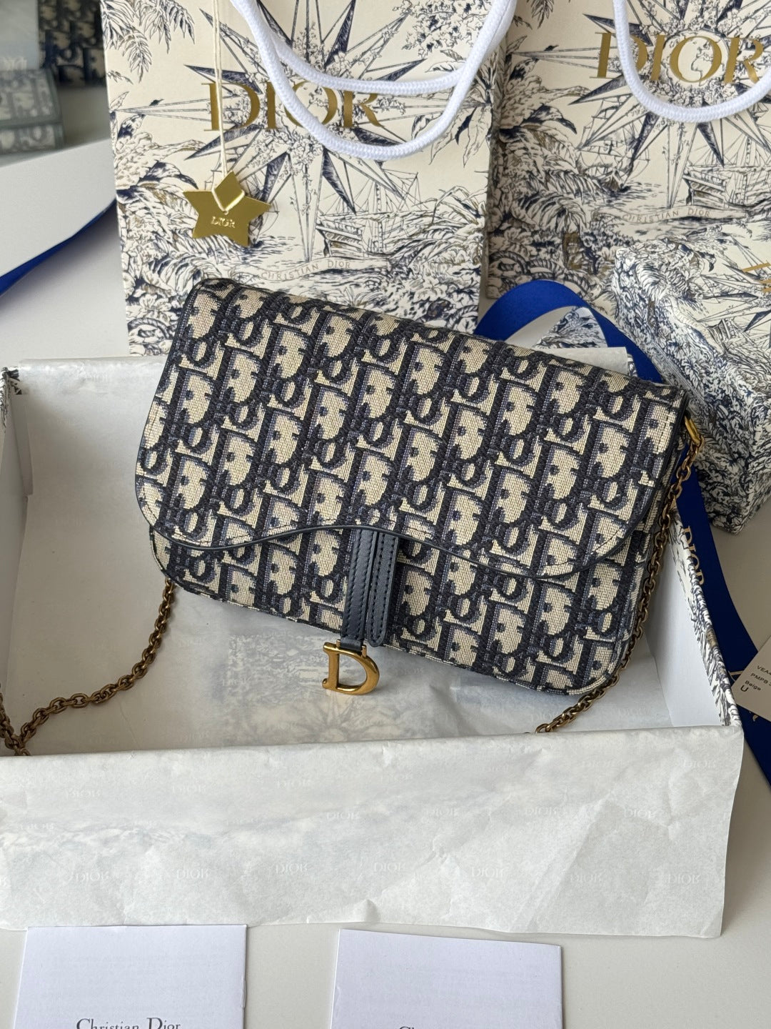 DIOR 25S MEDIUM SADDLE POUCH WITH CHAIN 21 IN BLUE DIOR OBLIQUE JACQUARD CANVAS
