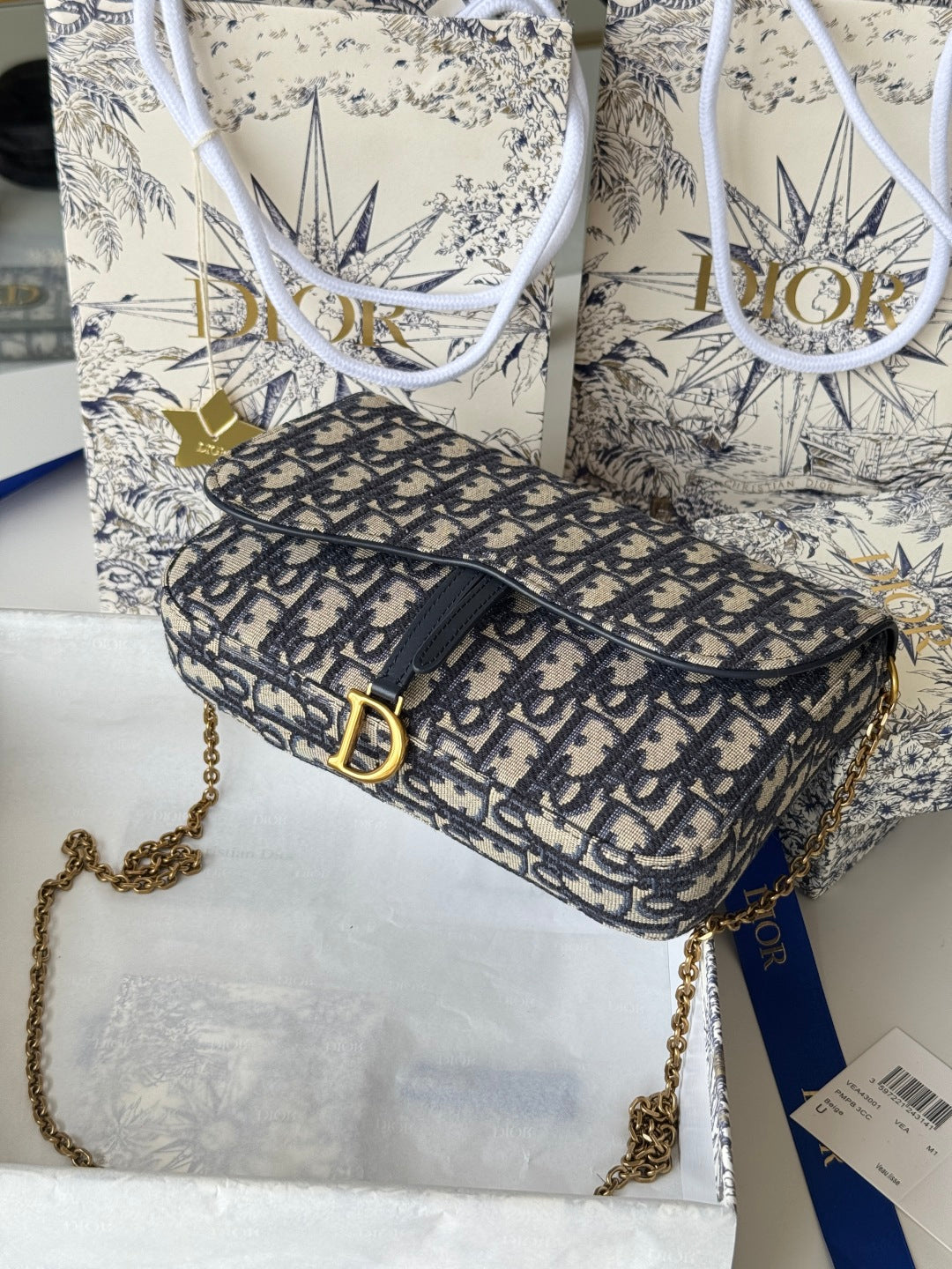 DIOR 25S MEDIUM SADDLE POUCH WITH CHAIN 21 IN BLUE DIOR OBLIQUE JACQUARD CANVAS
