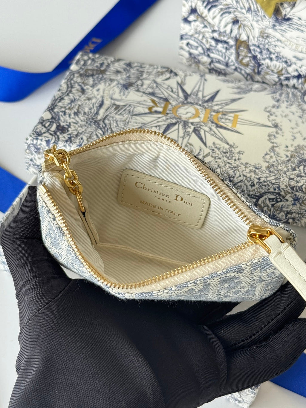 DIOR 25S TRAVEL MYRTE ZIPPED KEY CASE 14 IN BLUE DIOR OBLIQUE JACQUARD CANVAS