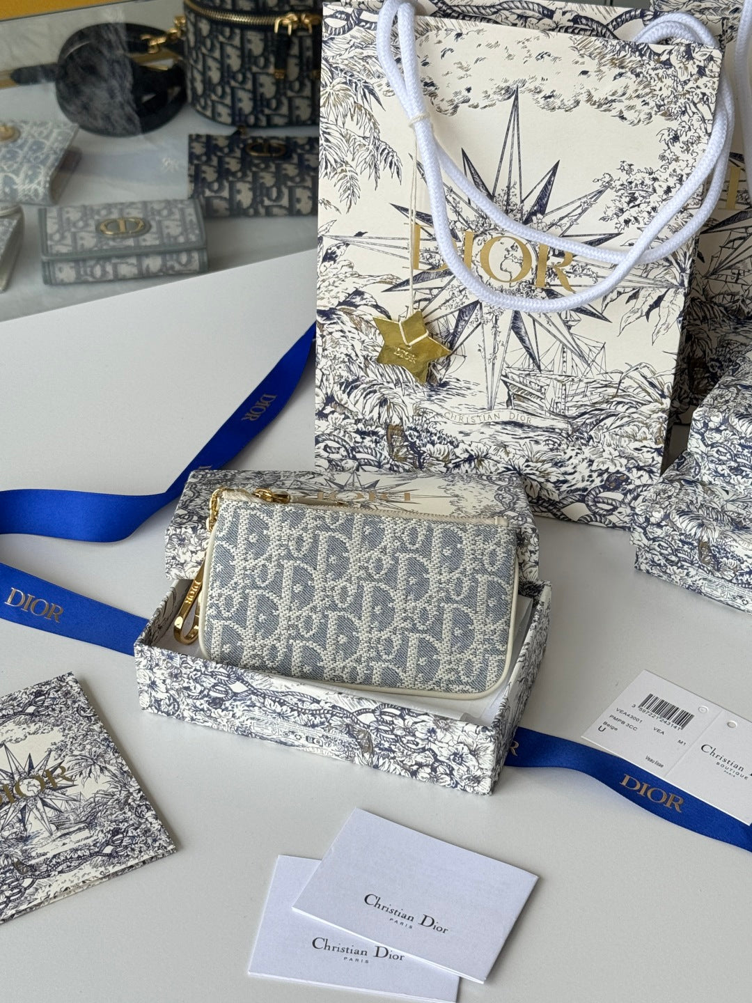 DIOR 25S TRAVEL MYRTE ZIPPED KEY CASE 14 IN BLUE DIOR OBLIQUE JACQUARD CANVAS