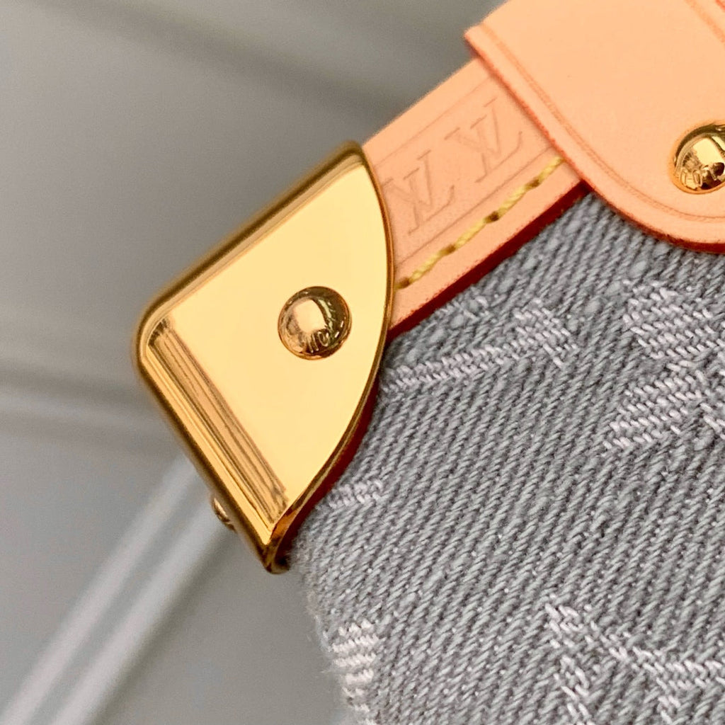 SIDE TRUNK 23.5 IN GREY MONOGRAM DENIM LIGHT BROWN CALFSKIN