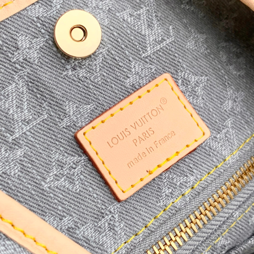 CARRYALL CARGO VIBE PM 33.5 IN GREY MONOGRAM DENIM LIGHT BROWN CALFSKIN