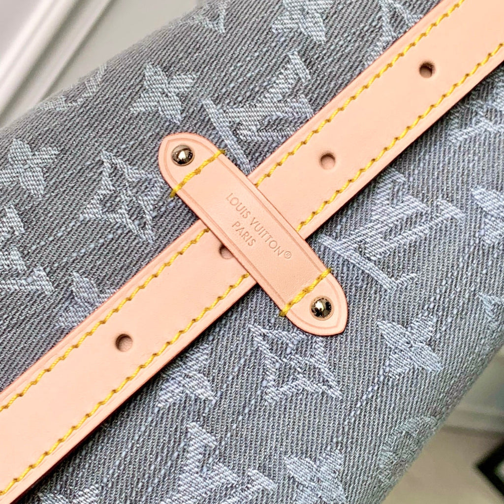 CARRYALL CARGO VIBE PM 33.5 IN GREY MONOGRAM DENIM LIGHT BROWN CALFSKIN