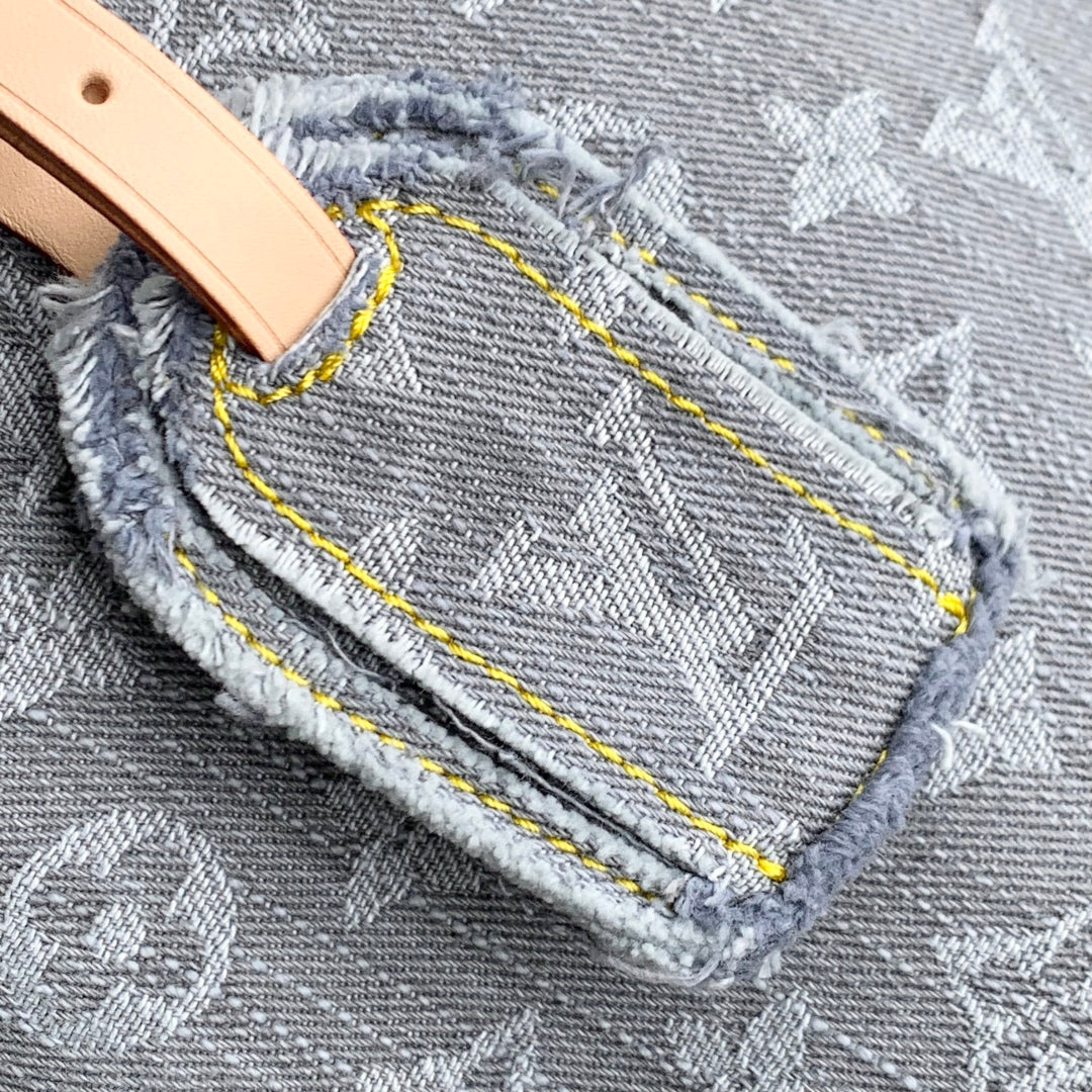 CARRYALL CARGO VIBE PM 33.5 IN GREY MONOGRAM DENIM LIGHT BROWN CALFSKIN