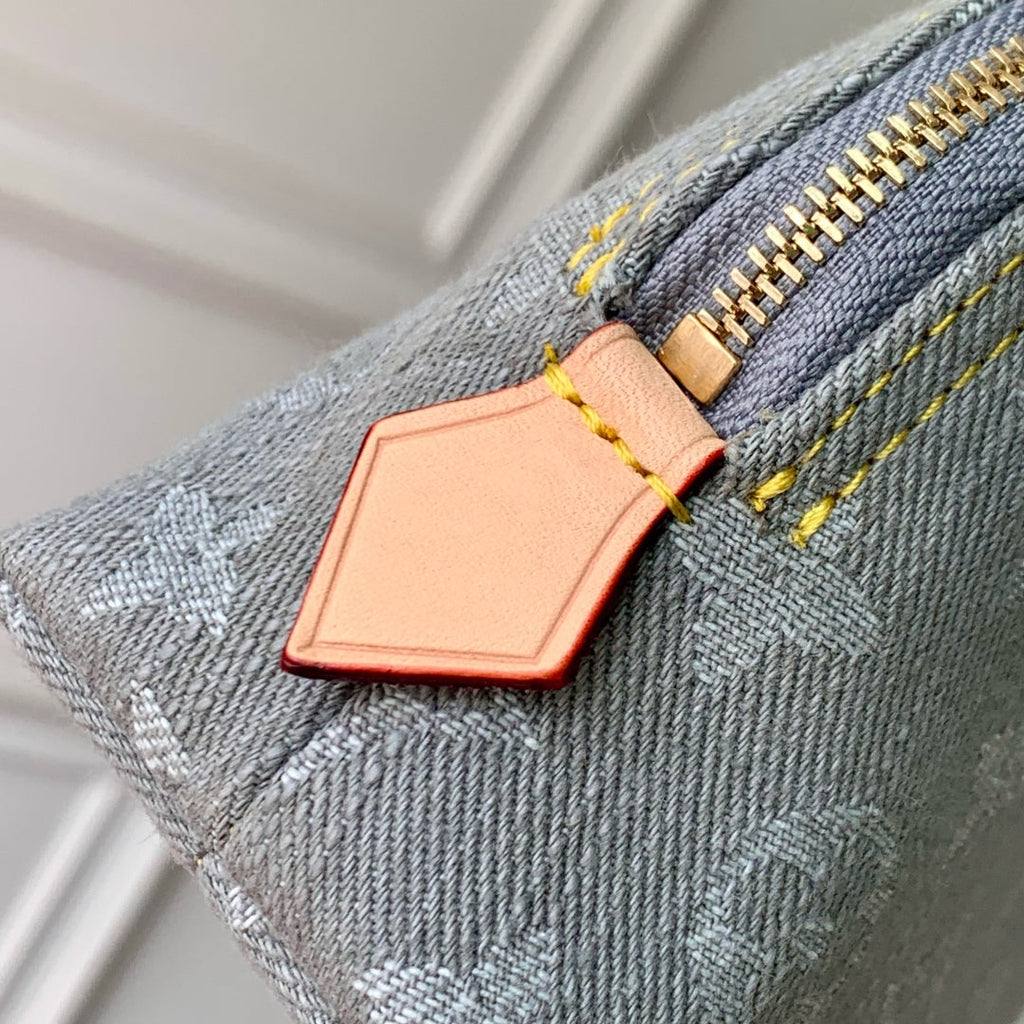 COSMETIC POUCH 19 IN GREY MONOGRAM DENIM GOLD HARDWARE