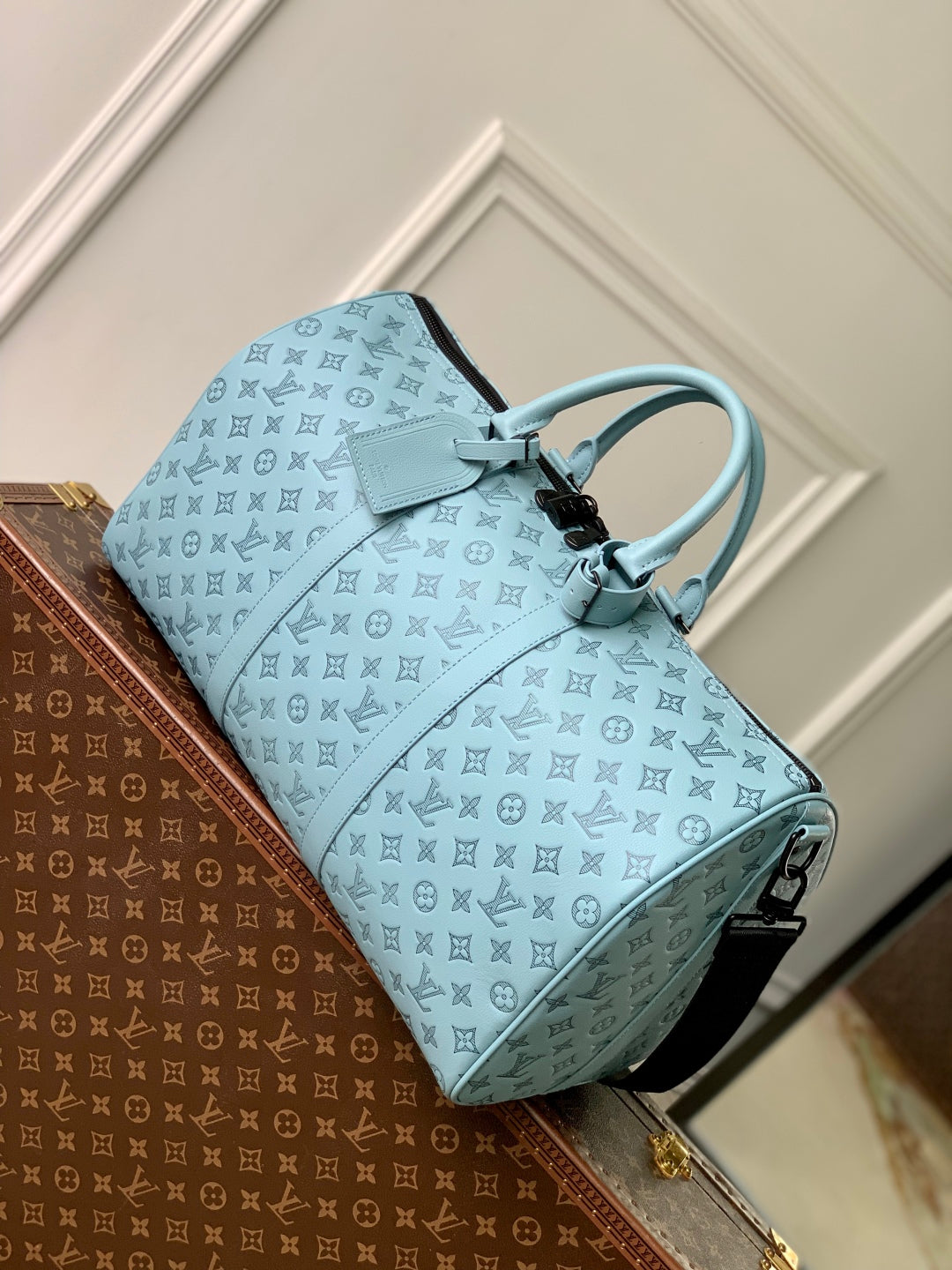KEEPALL BANDOULIÈRE 50 IN SKY BLUE MONOGRAM SHADOW EMBOSSED CALFSKIN