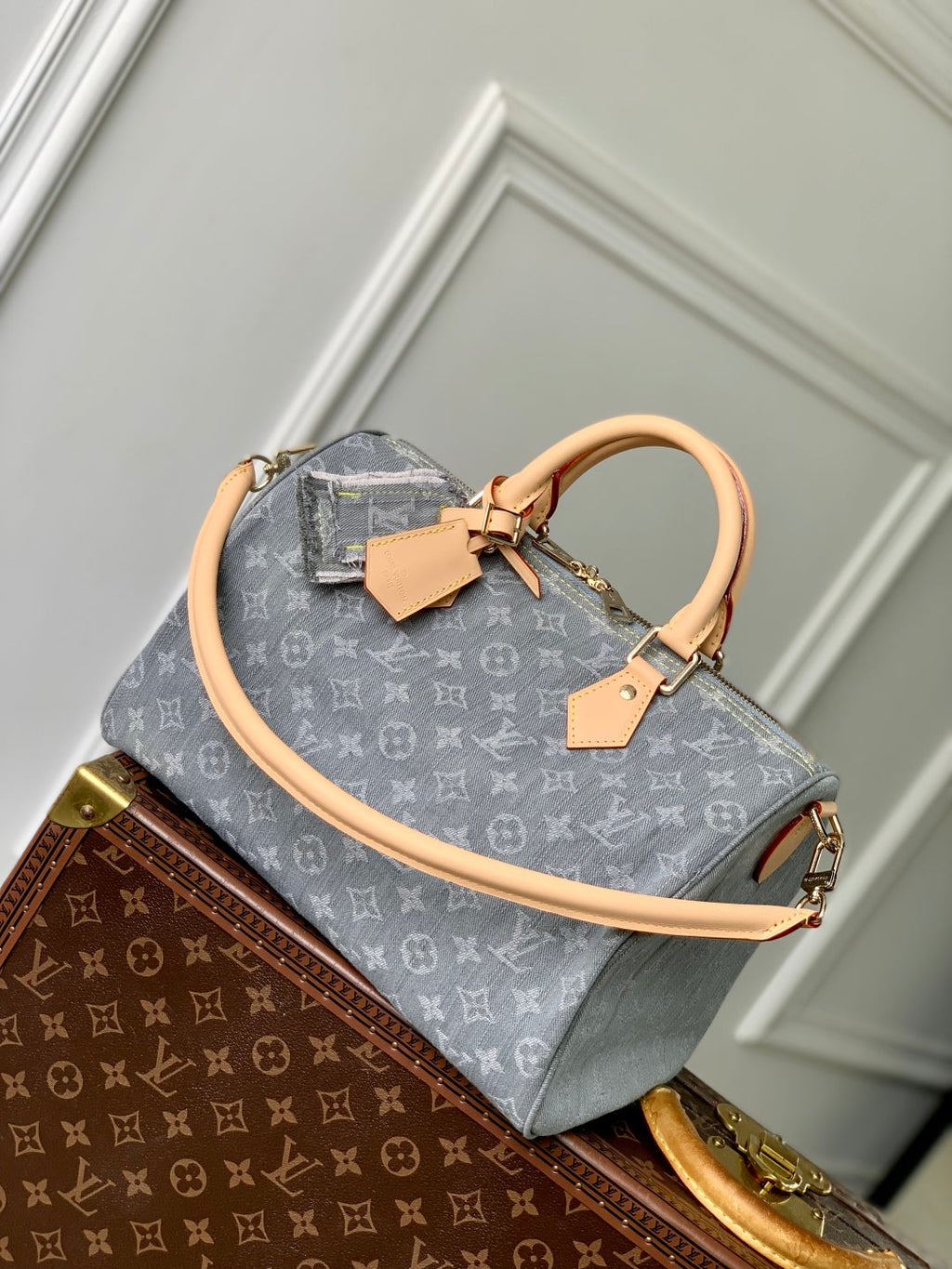 SPEEDY SOFT 30 IN GREY MONOGRAM DENIM LIGHT BROWN CALFSKIN