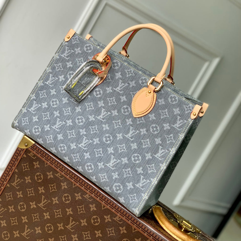 ONTHEGO ORGANIZER 35 IN GREY MONOGRAM DENIM LIGHT BROWN CALFSKIN