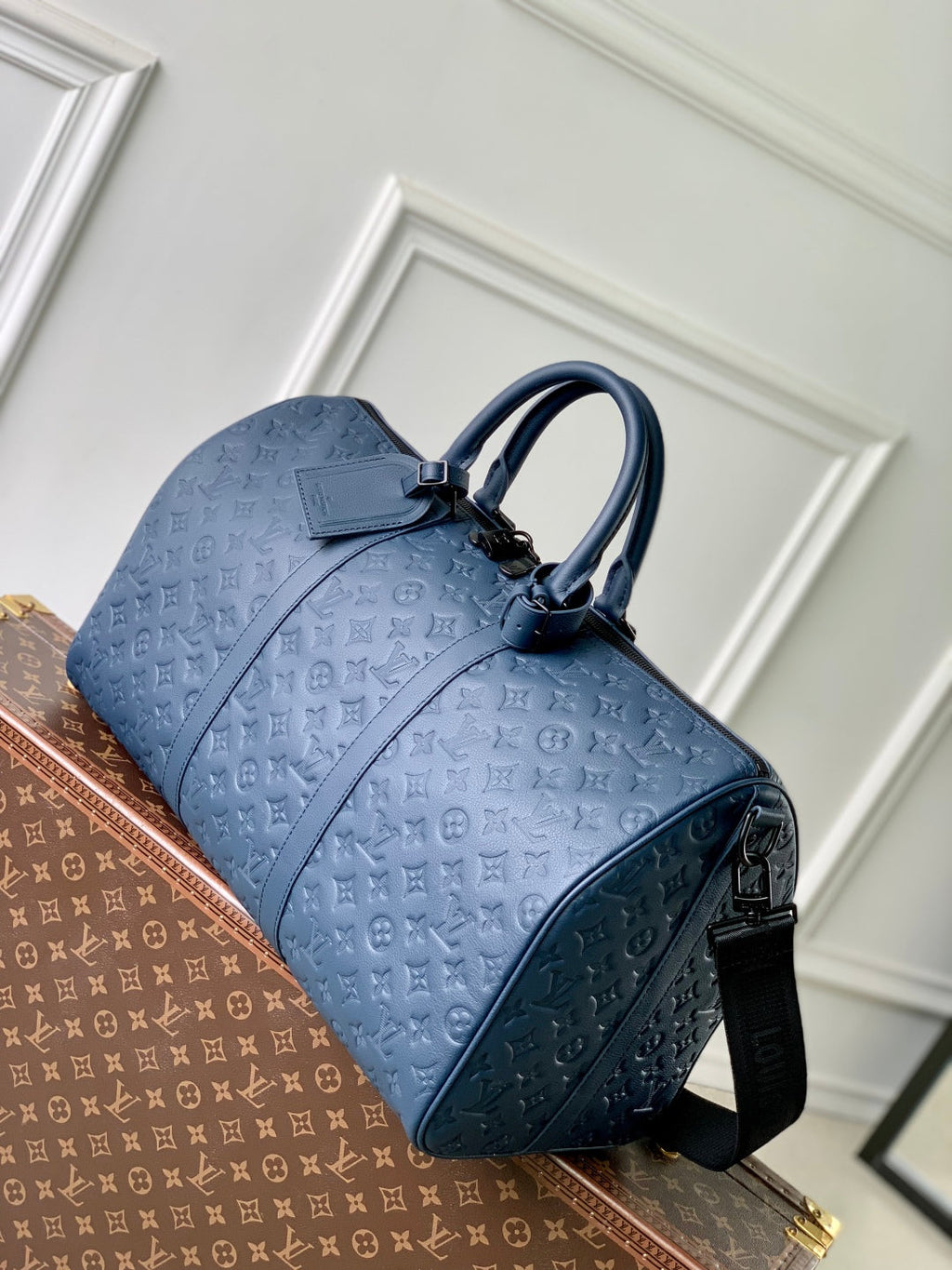 KEEPALL BANDOULIÈRE 50 IN DARK BLUE MONOGRAM SHADOW EMBOSSED CALFSKIN