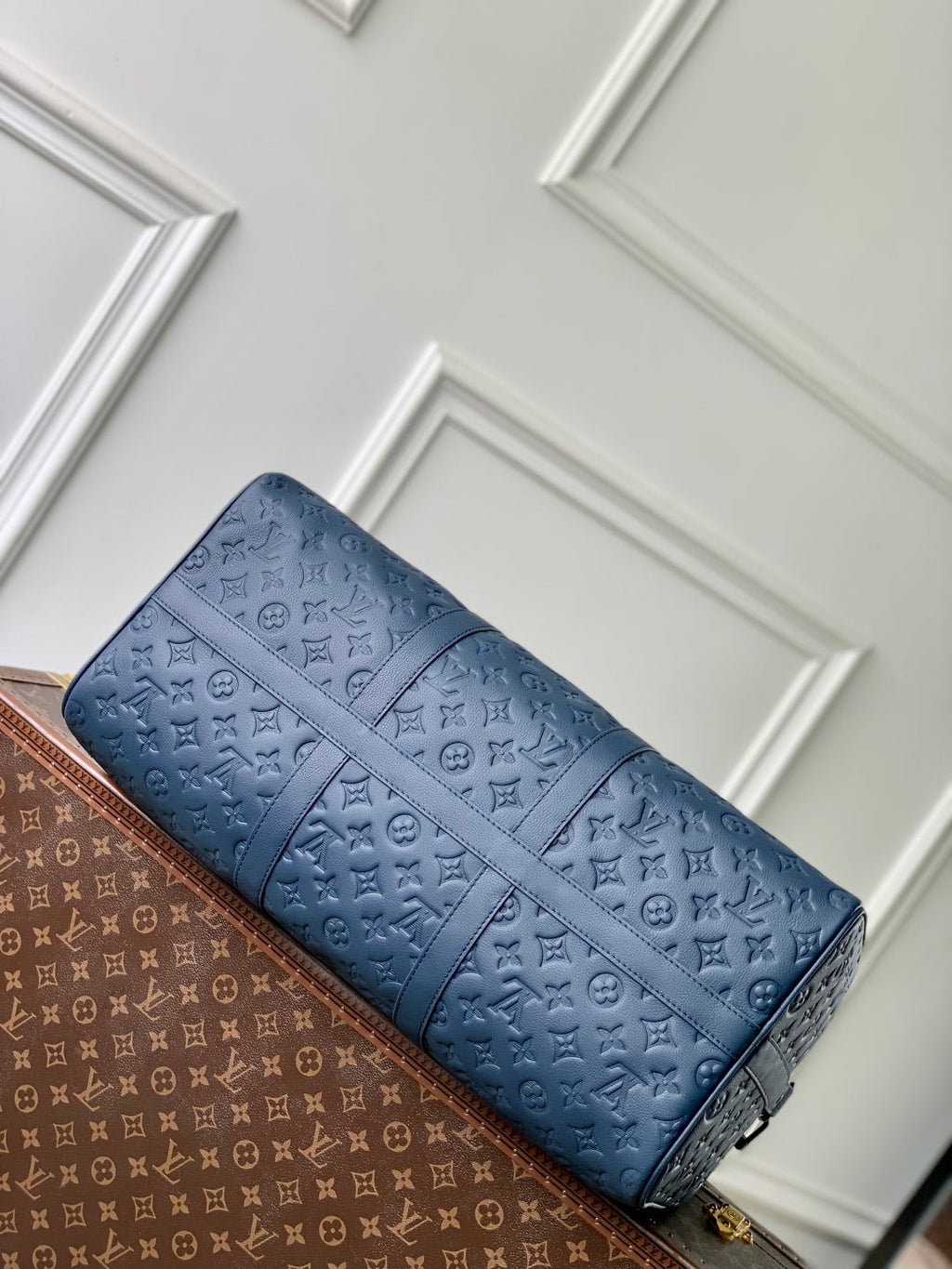 KEEPALL BANDOULIÈRE 50 IN DARK BLUE MONOGRAM SHADOW EMBOSSED CALFSKIN