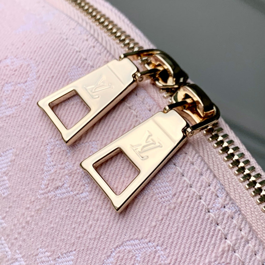 COSMETIC POUCH 27 IN PINK MONOGRAM DENIM GOLD HARDWARE
