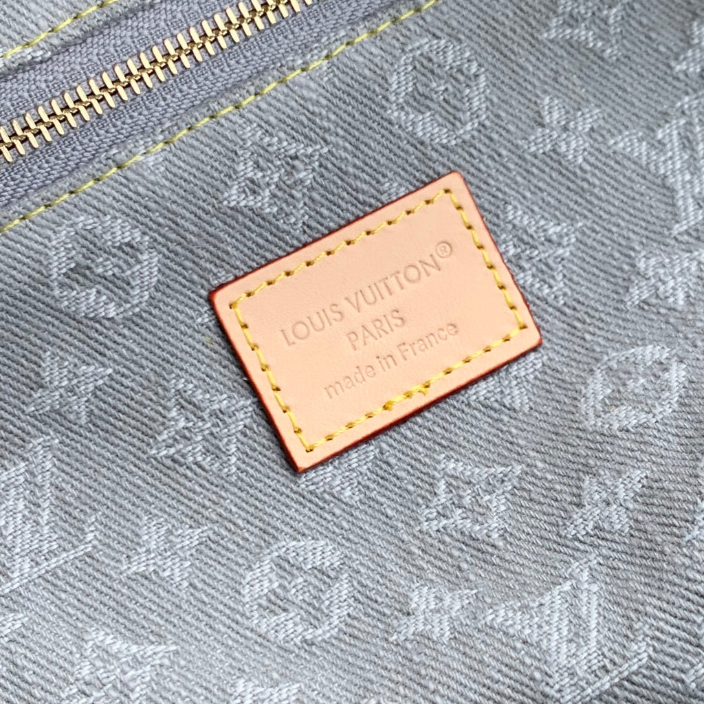 COSMETIC POUCH 27 IN GREY MONOGRAM DENIM GOLD HARDWARE