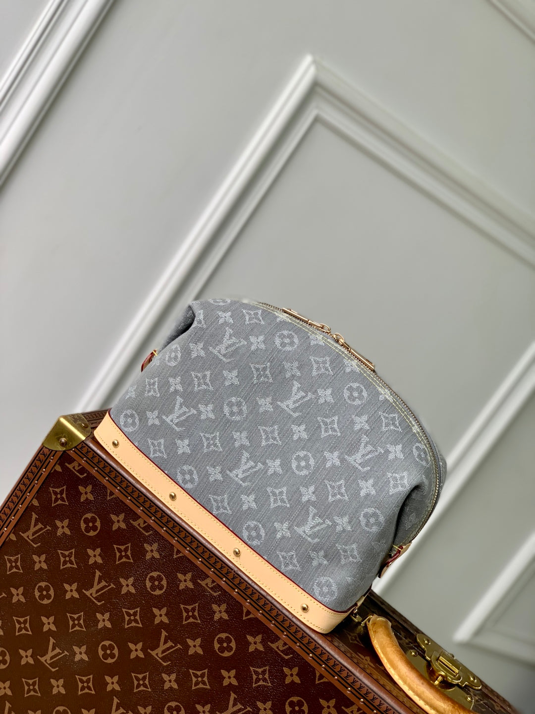 COSMETIC POUCH 27 IN GREY MONOGRAM DENIM GOLD HARDWARE