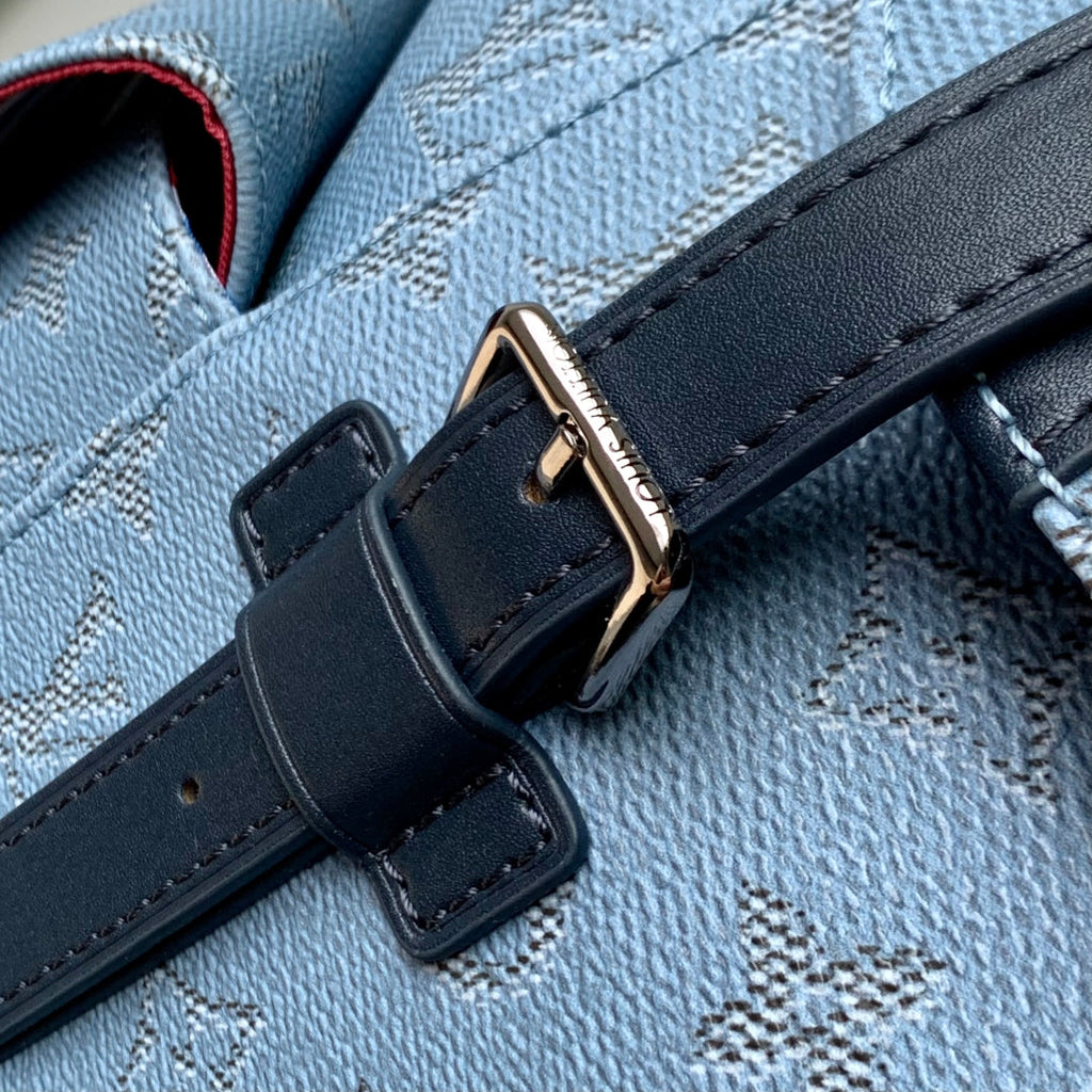 CHRISTOPHER MM BACKPACK 44 IN SKY BLUE MONOGRAM HERITAGE CANVAS BLACK CALFSKIN