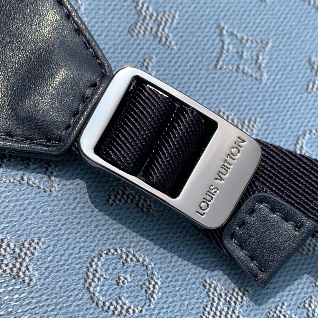 CHRISTOPHER MM BACKPACK 44 IN SKY BLUE MONOGRAM HERITAGE CANVAS BLACK CALFSKIN