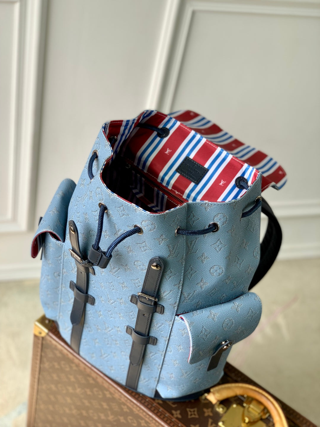 CHRISTOPHER MM BACKPACK 44 IN SKY BLUE MONOGRAM HERITAGE CANVAS BLACK CALFSKIN