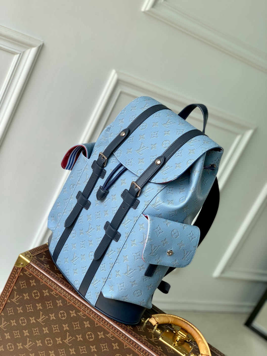 CHRISTOPHER MM BACKPACK 44 IN SKY BLUE MONOGRAM HERITAGE CANVAS BLACK CALFSKIN