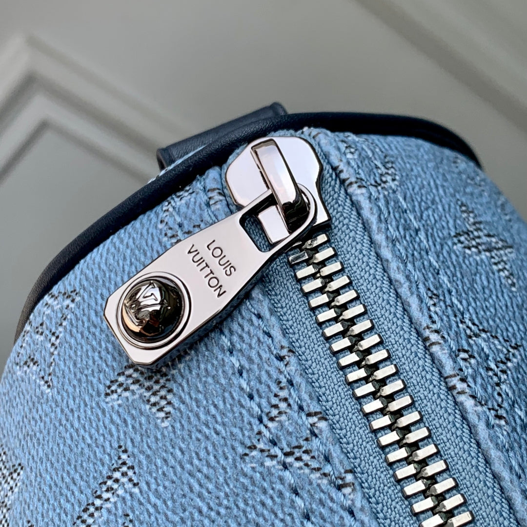 KEEPALL BANDOULIÈRE 25 INSKY BLUE MONOGRAM HERITAGE CANVAS DARK BLUE CALFSKIN