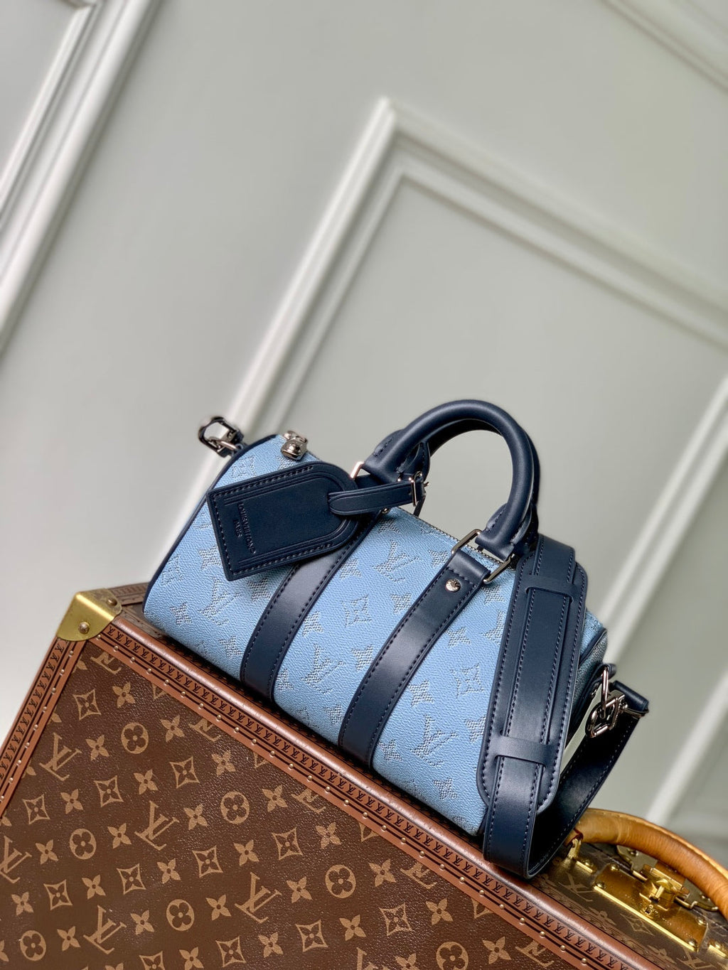 KEEPALL BANDOULIÈRE 25 INSKY BLUE MONOGRAM HERITAGE CANVAS DARK BLUE CALFSKIN