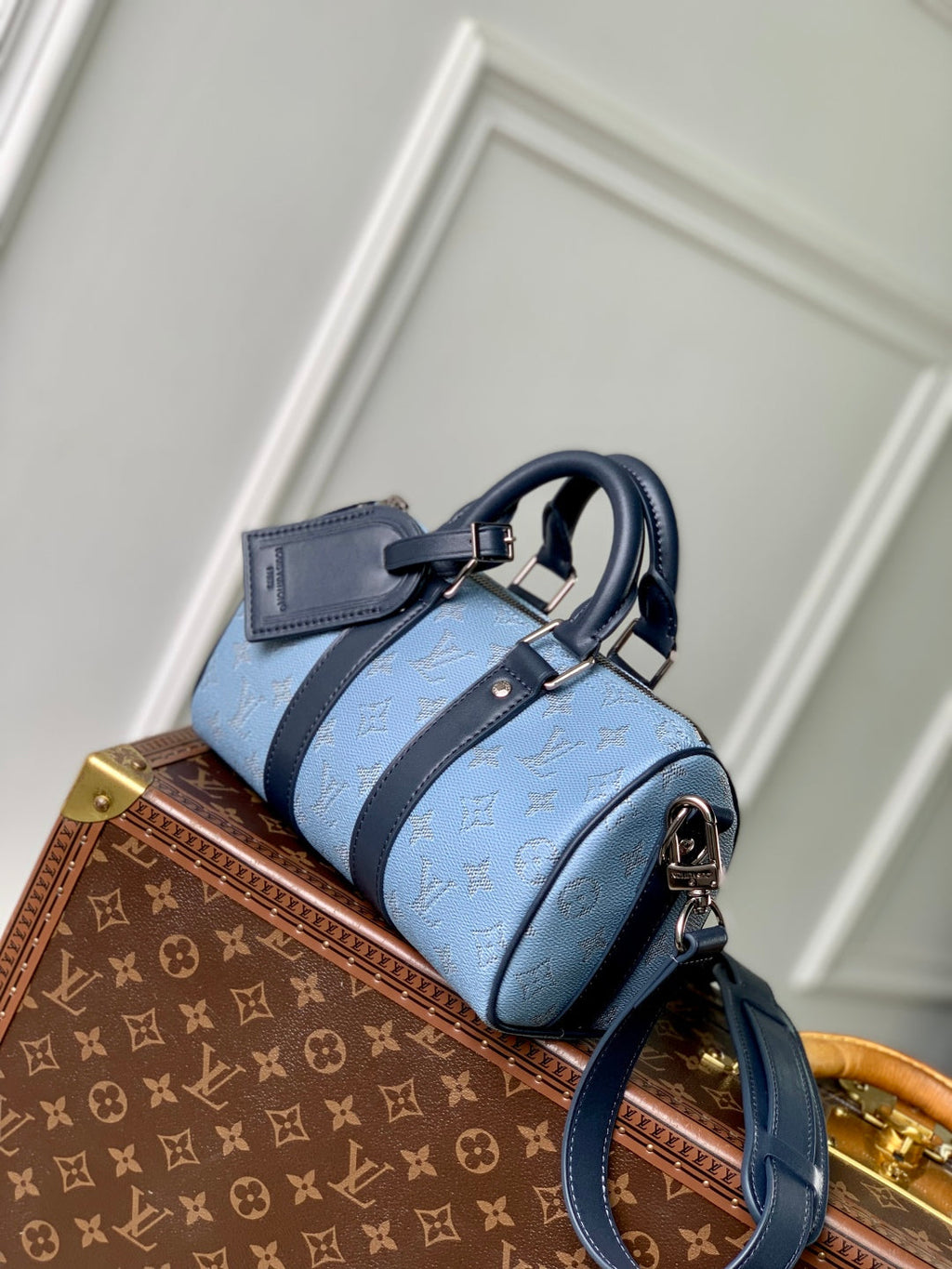 KEEPALL BANDOULIÈRE 25 INSKY BLUE MONOGRAM HERITAGE CANVAS DARK BLUE CALFSKIN