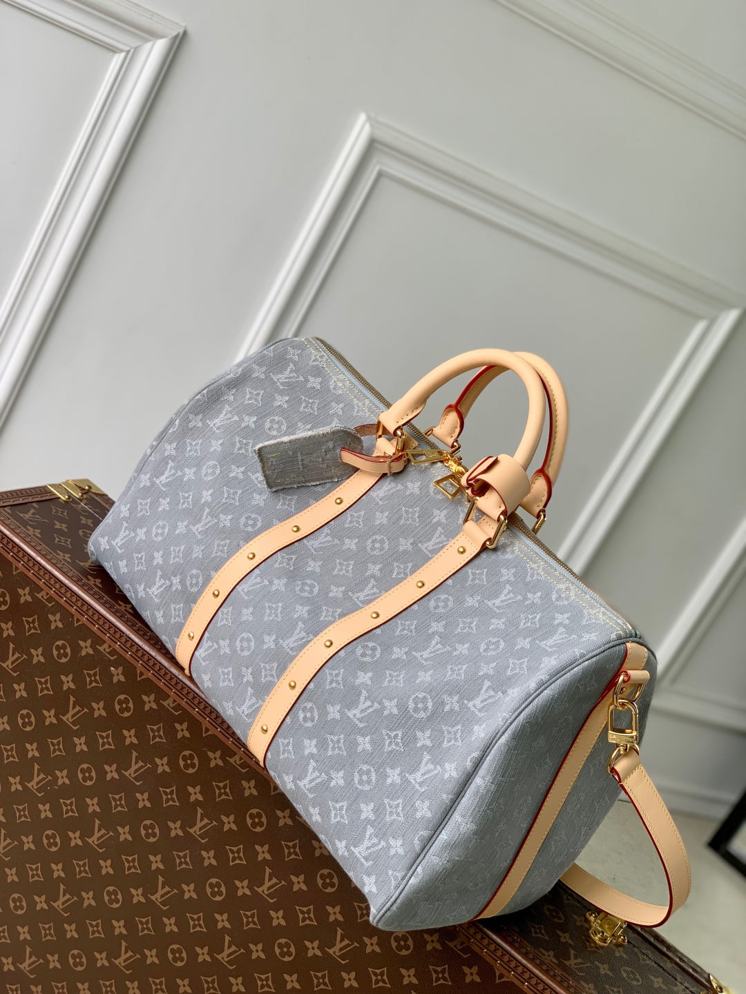 KEEPALL BANDOULIÈRE 45 IN GREY MONOGRAM DENIM LIGHT BROWN CALFSKIN