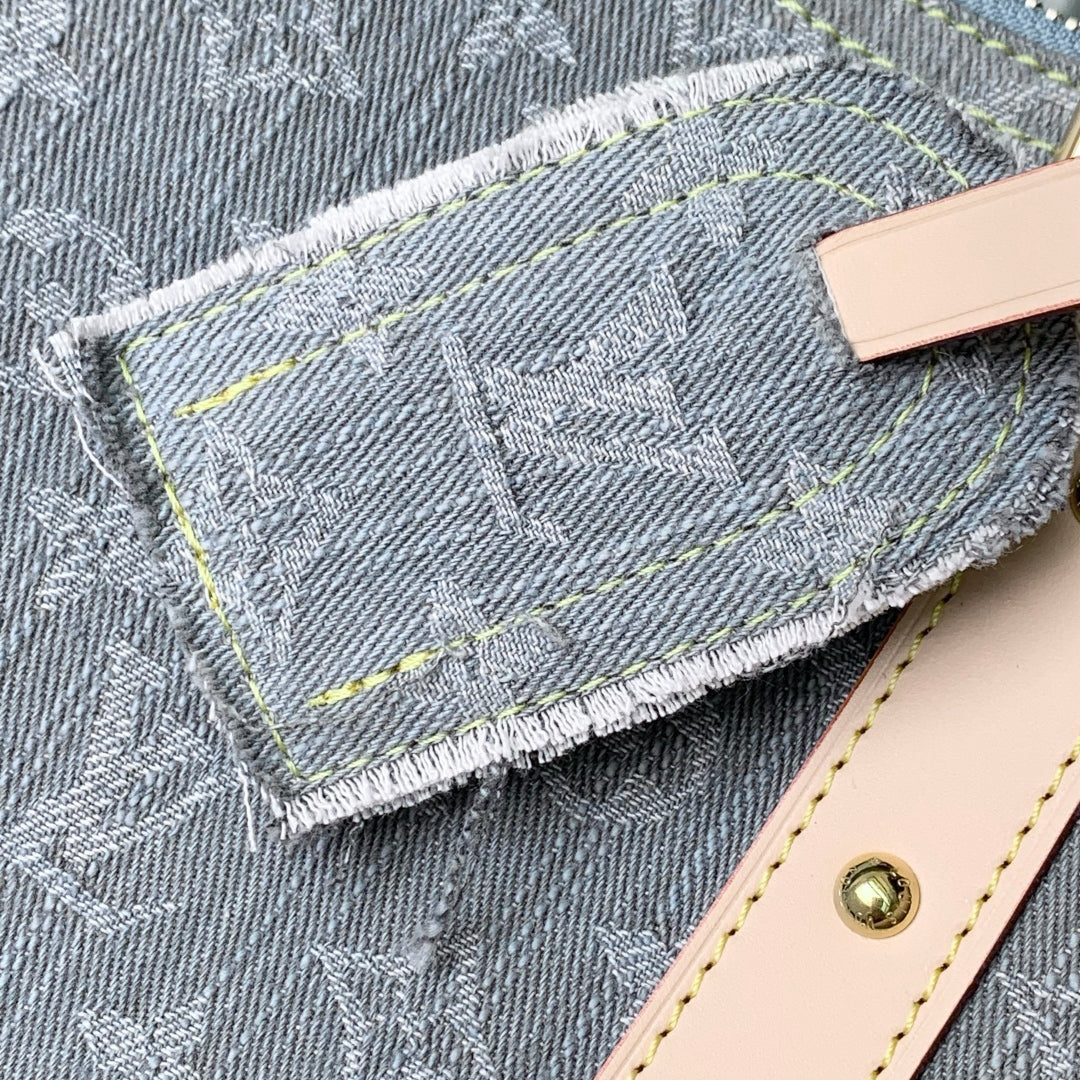 KEEPALL BANDOULIÈRE 45 IN GREY MONOGRAM DENIM LIGHT BROWN CALFSKIN