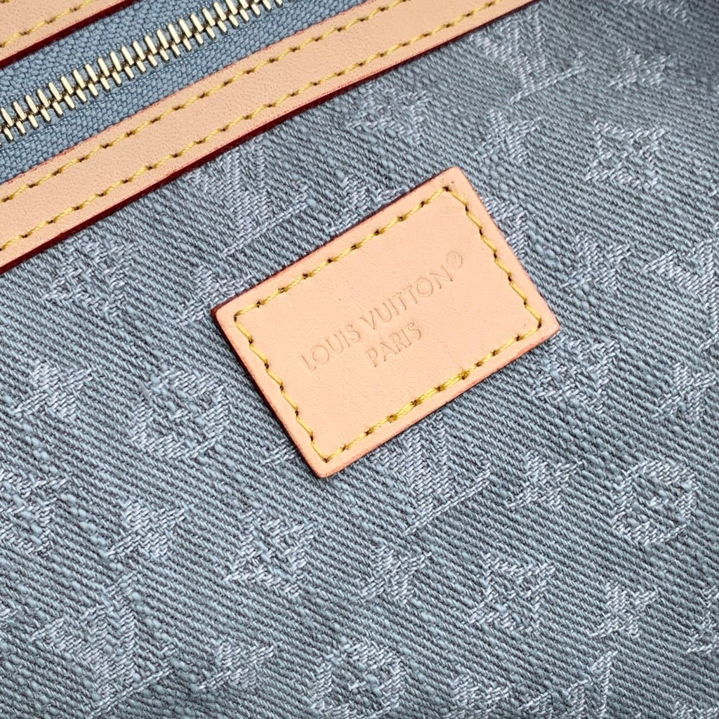 KEEPALL BANDOULIÈRE 45 IN GREY MONOGRAM DENIM LIGHT BROWN CALFSKIN