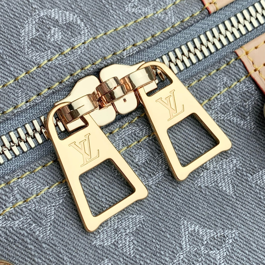 KEEPALL BANDOULIÈRE 45 IN GREY MONOGRAM DENIM LIGHT BROWN CALFSKIN