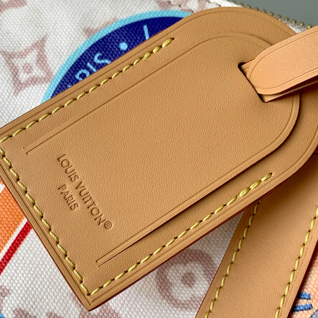 KEEPALL BANDOULIÈRE 45 IN WHITE MONOGRAM DUNE CANVAS AND CALFSKIN